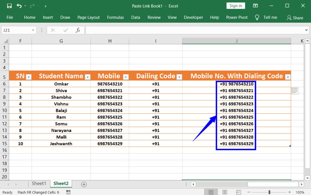 Flash Fill mobile numbers with dialing code