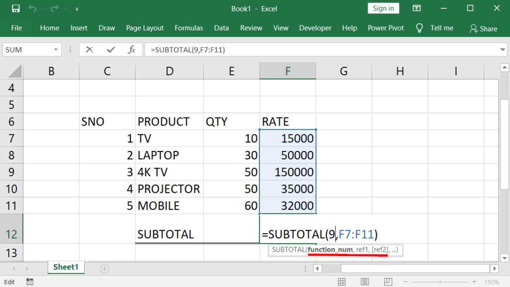 Subtotal Function in Excel