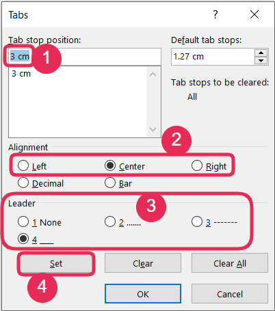 Tab Stop Position and Alignment Settings