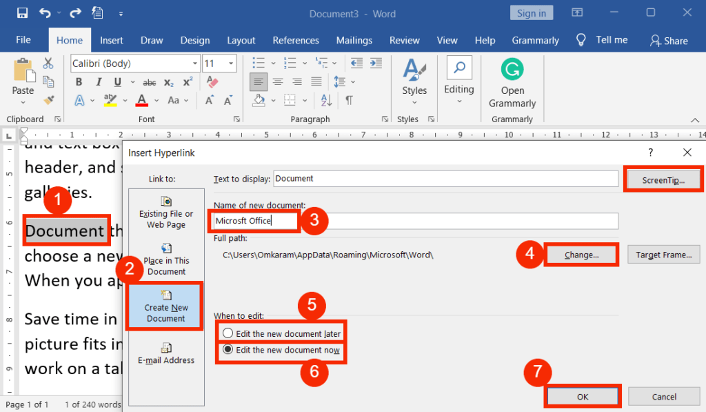 Create new document and link to the text