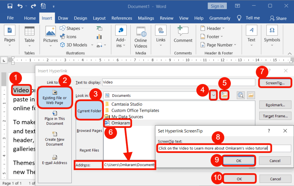 Link current folder or web page in word