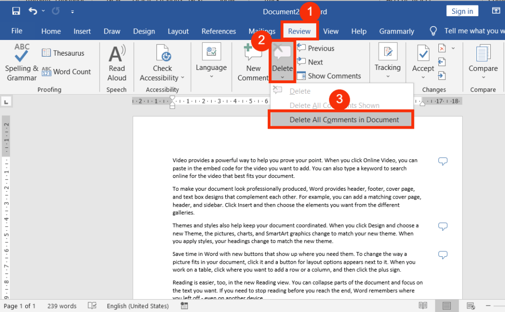 Delete All Comments in Word Document
