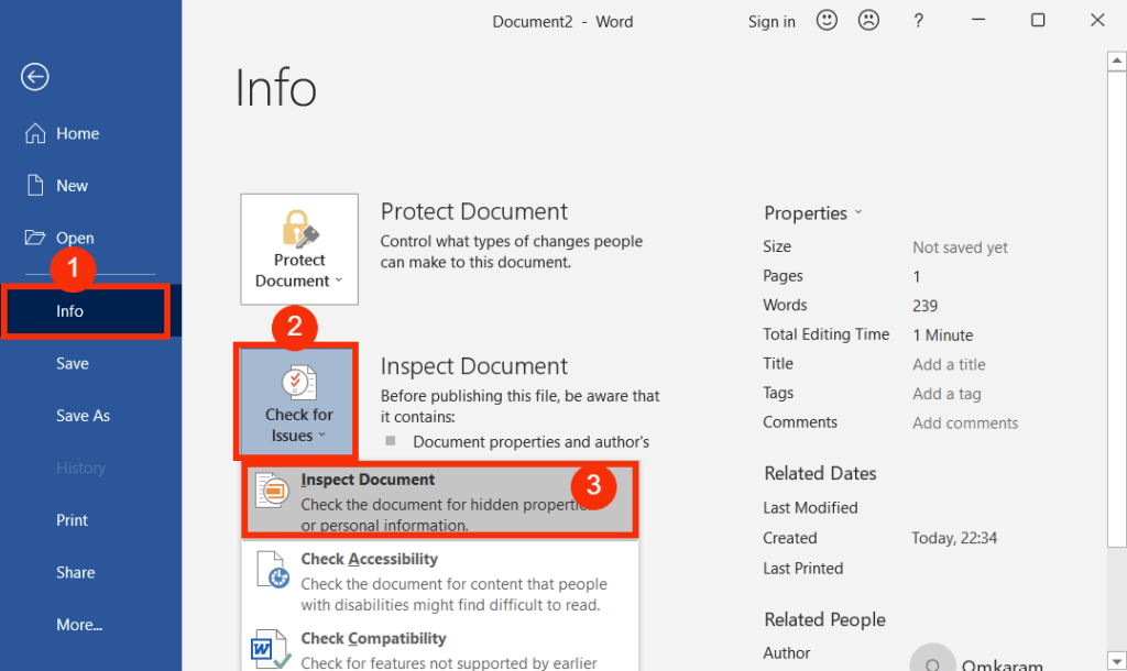 Selecting Inspect Document
