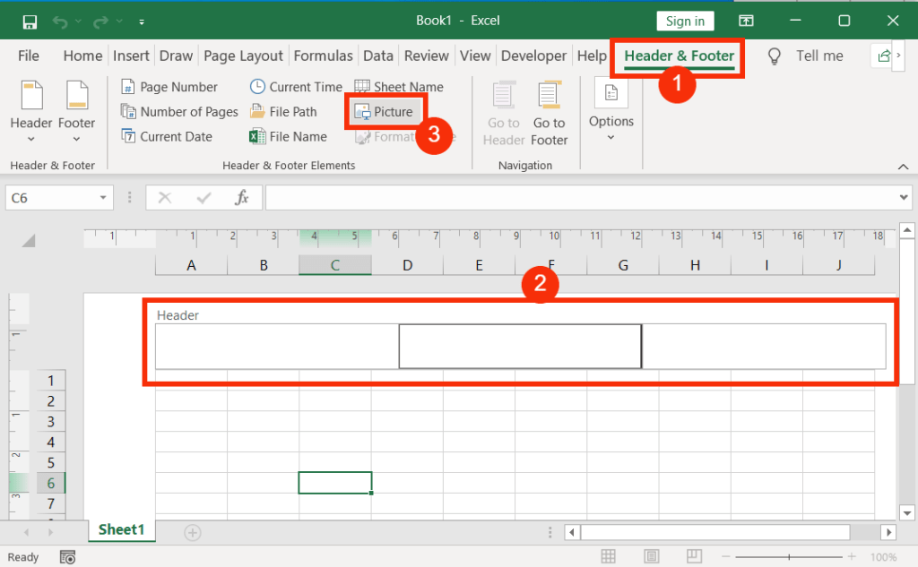 Click the Picture on the Header and Footer tools in Excel