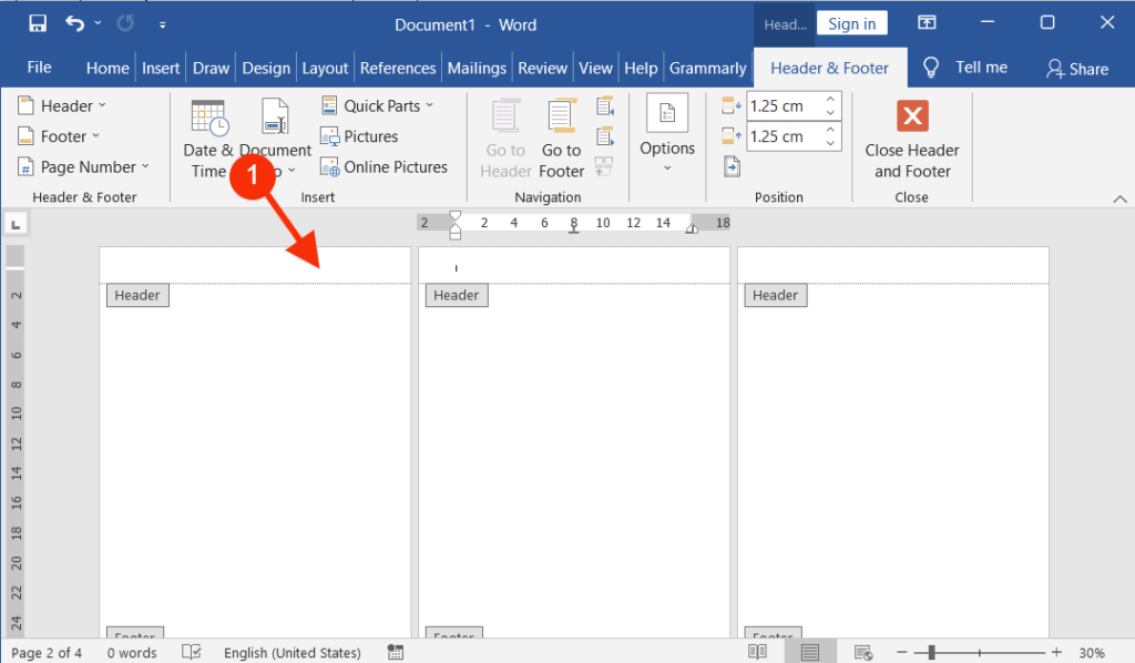Double tap or click on the header or footer area of the any page in Word