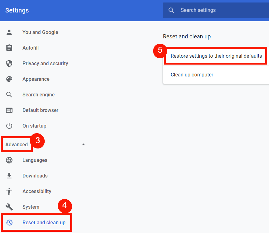 Chrome Advanced Settings for Reset and Clean Up
