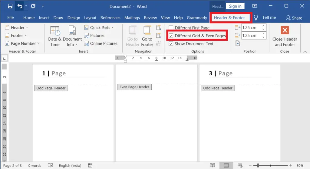 Different Odd and Even Page Numbers in Word