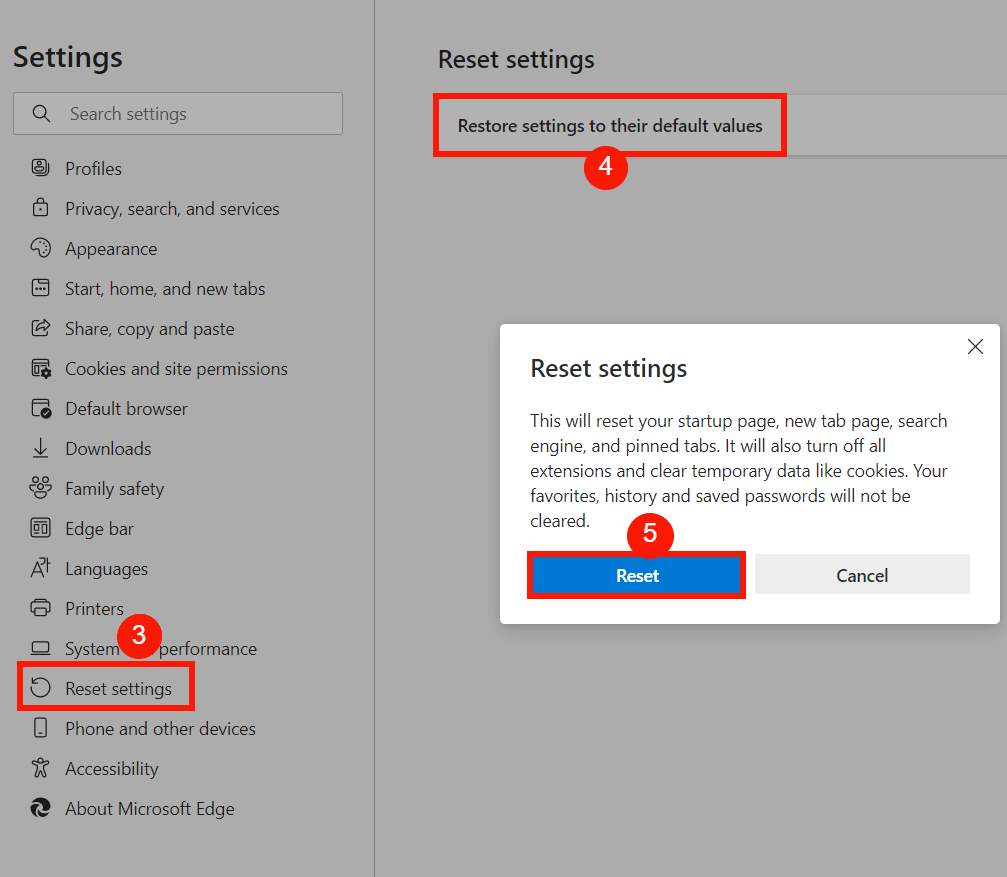 Reset Settings in Microsoft Edge