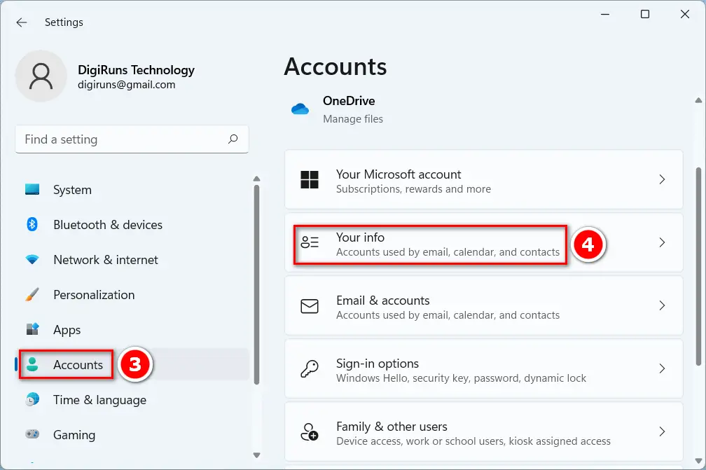 Select Accounts and navigate to your info